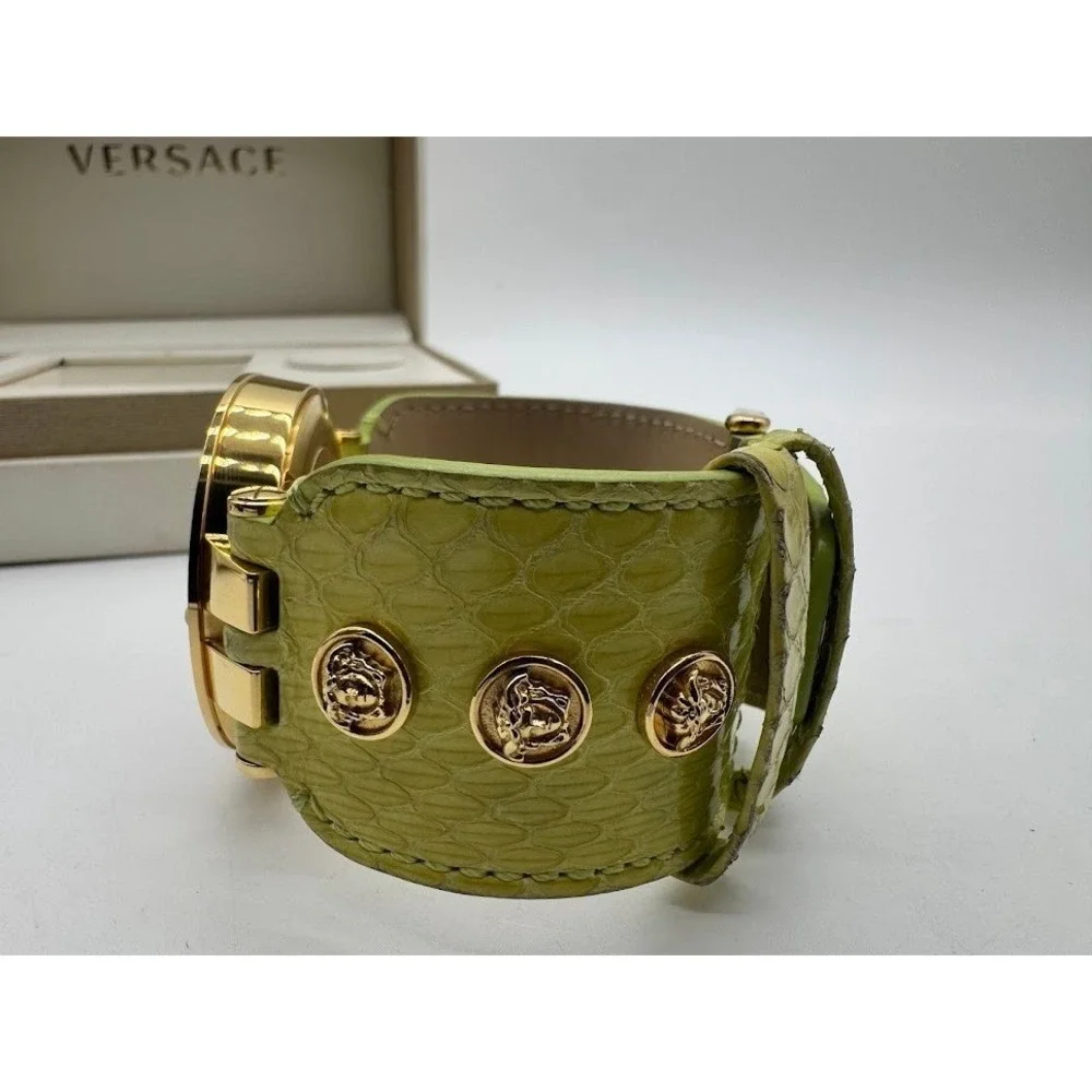 Versace‎ GMT & Alarm Gold Tone Watch Lime Green Leather Strap Medusa Swiss Made